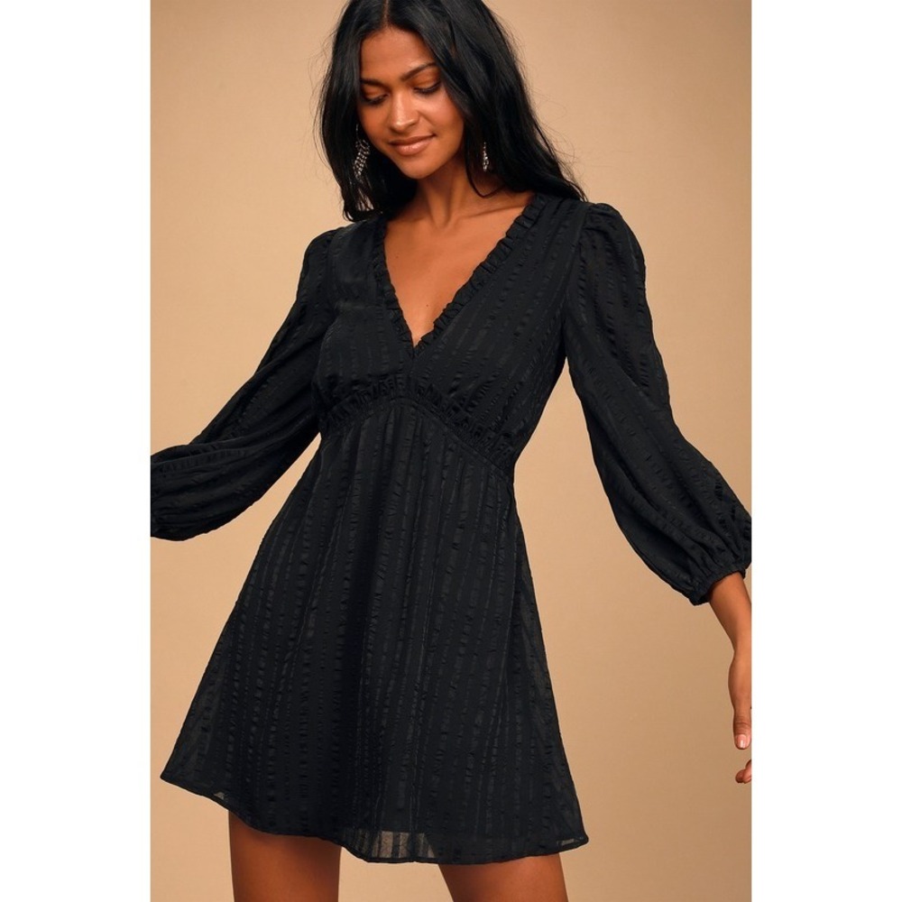 Lulus Forever In My Heart Black Striped Balloon Sleeve Mini Dress - Size S